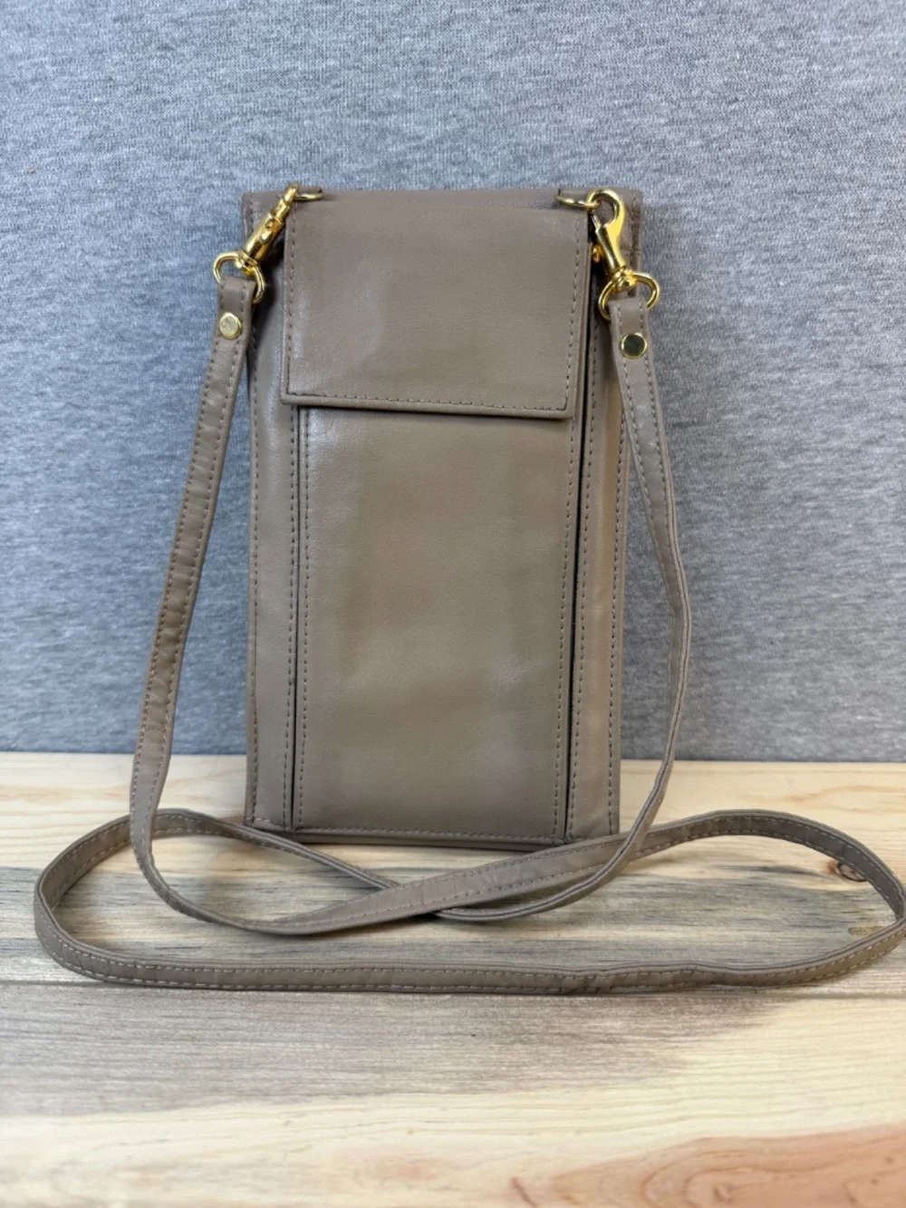 Genuine Leather Crossbody Slim Cell Phone Bag Gray Beige Taupe Detachable Strap
